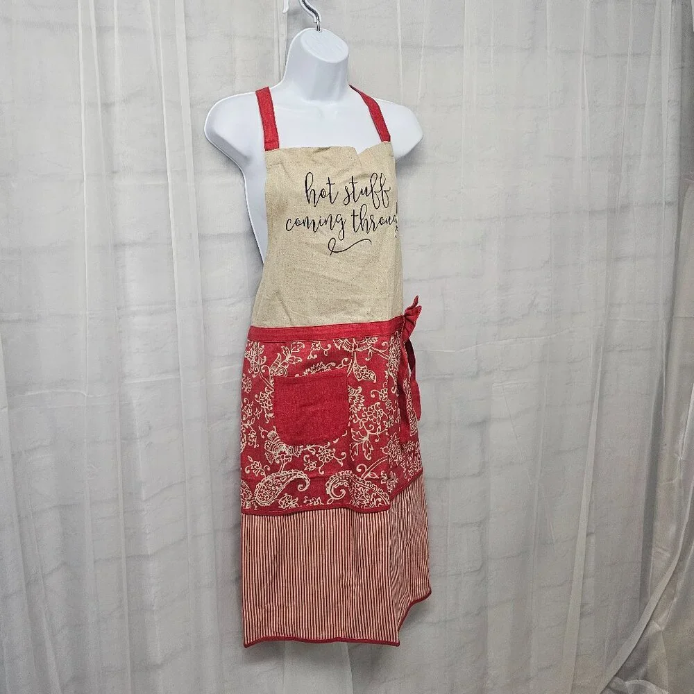 Jo Ann Fabric Tan Red Paisley Bow Apron Linen Blend Boho OSFA